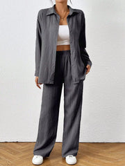 Button Up Long Sleeve Shirt and Pants Set Dark Gray OutfitFlow
