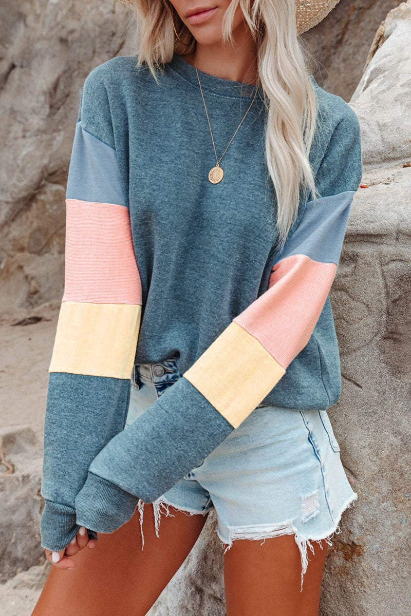 Color Block Round Neck Long Sleeve Sweatshirt French Blue OutfitFlow