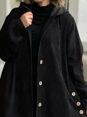 Full Size Corduroy Hooded Button-Up Jacket Plus Size Black OutfitFlow