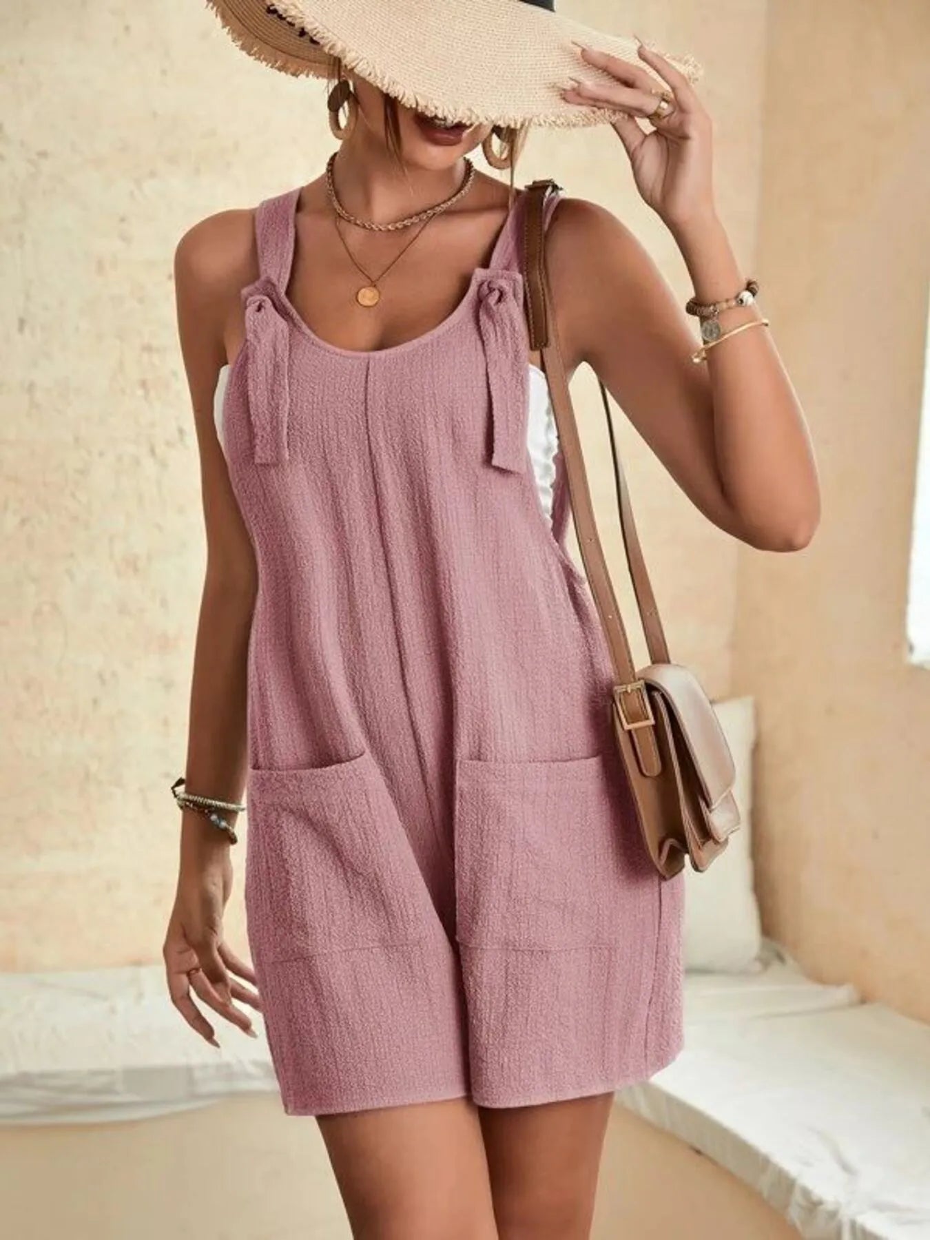 Full Size Knot Strap Romper with Pockets Plus Size OutfitFlow