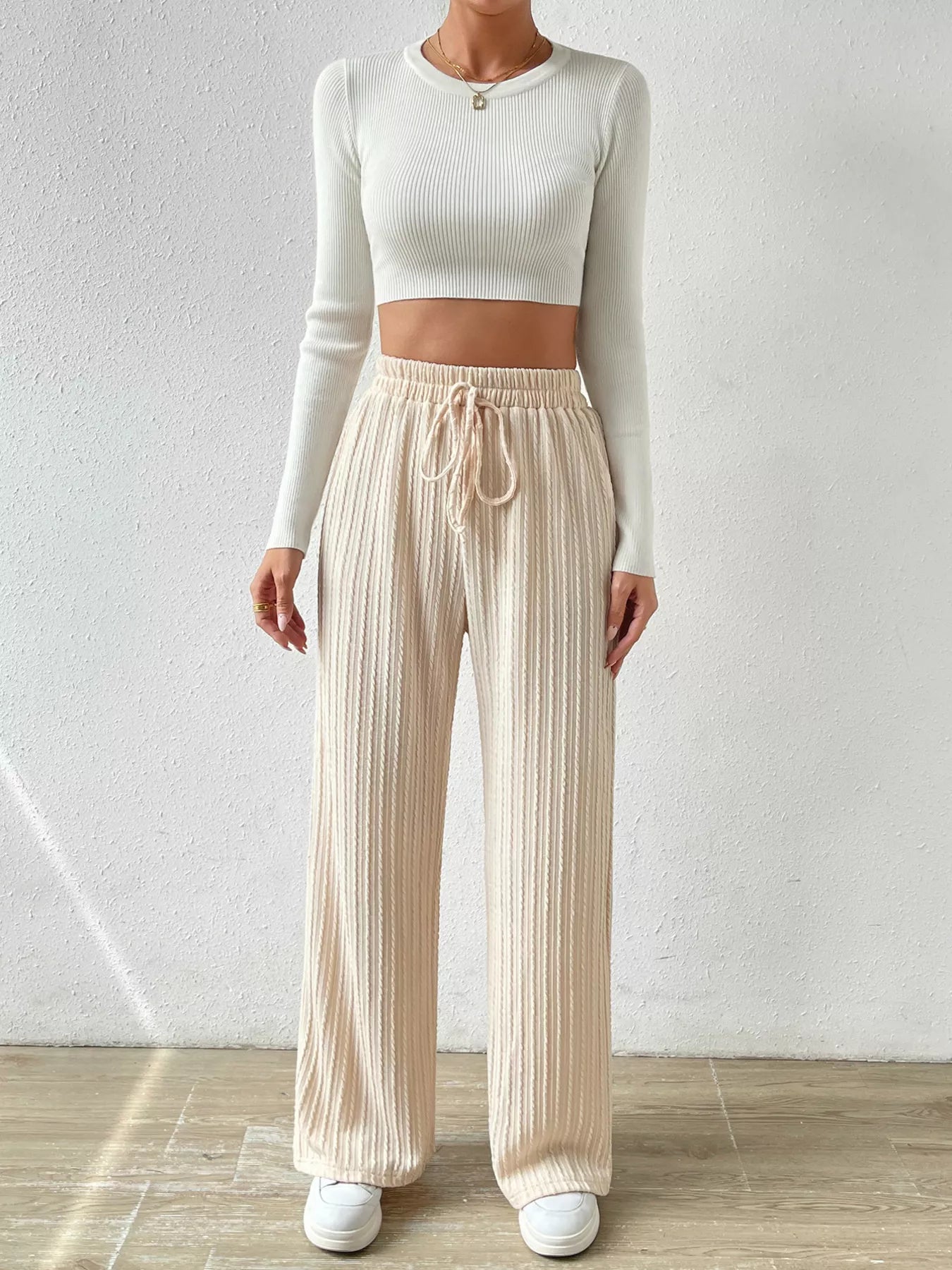 Drawstring Wide Leg Pants Apricot OutfitFlow