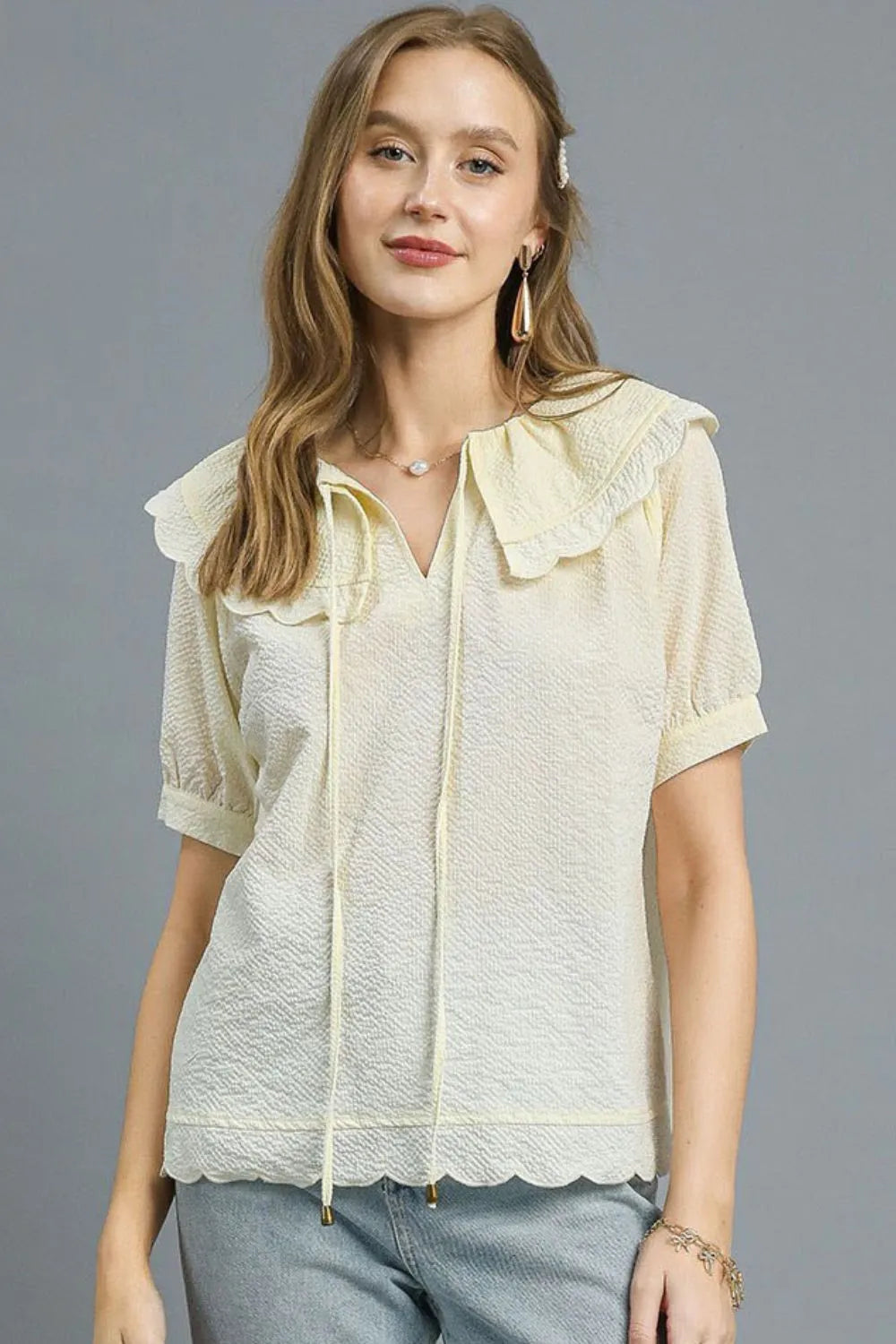 Umgee Peter Pan Collar Short Sleeve Blouse OutfitFlow