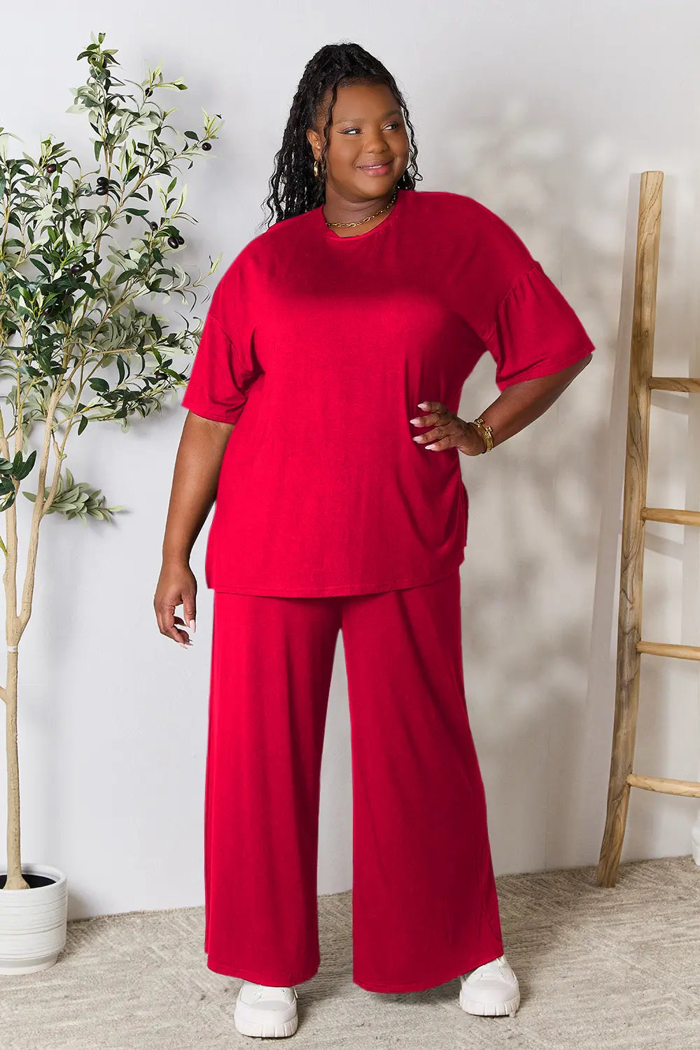 Double Take Full Size Round Neck Slit Top and Pants Set OutfitFlow