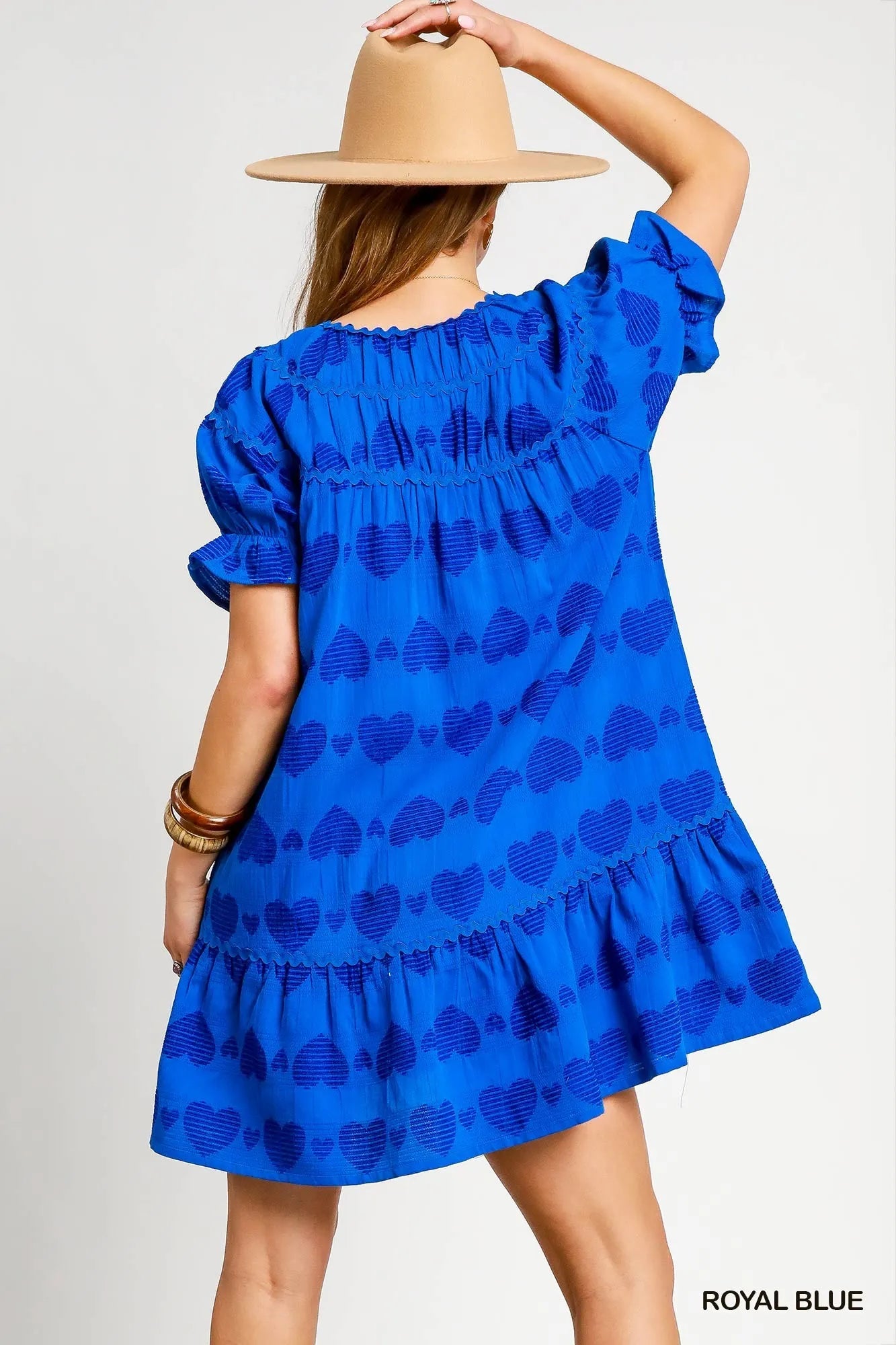 Umgee Heart Pattern Short Sleeve Ruffle Babydoll Dress OutfitFlow