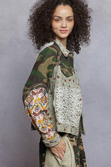 POL Floral Printed French Terry Jacket with Crochet Contrast OutfitFlow