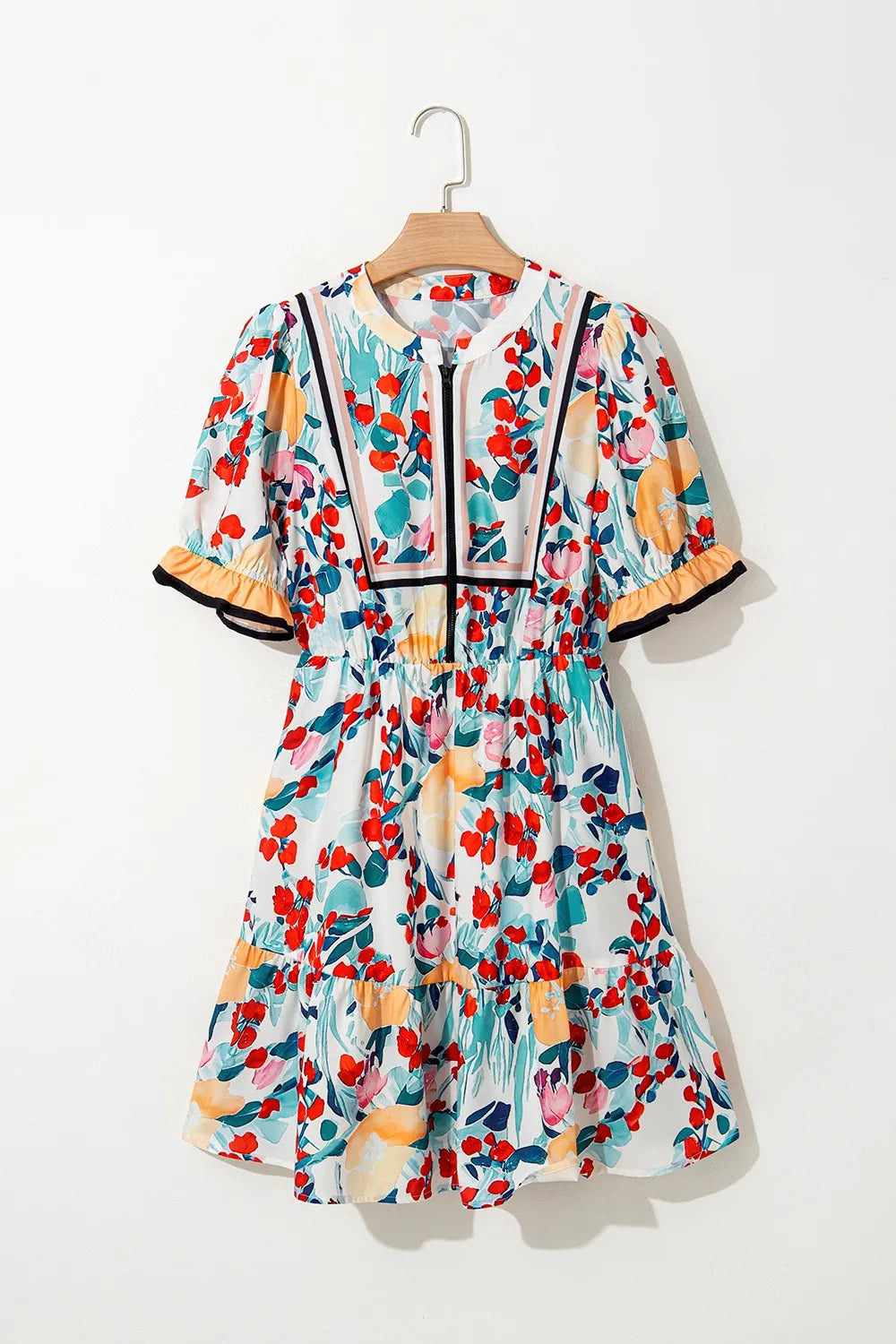 Floral Print Zipper Ruffled Short Sleeve High Waist Mini Dress OutfitFlow