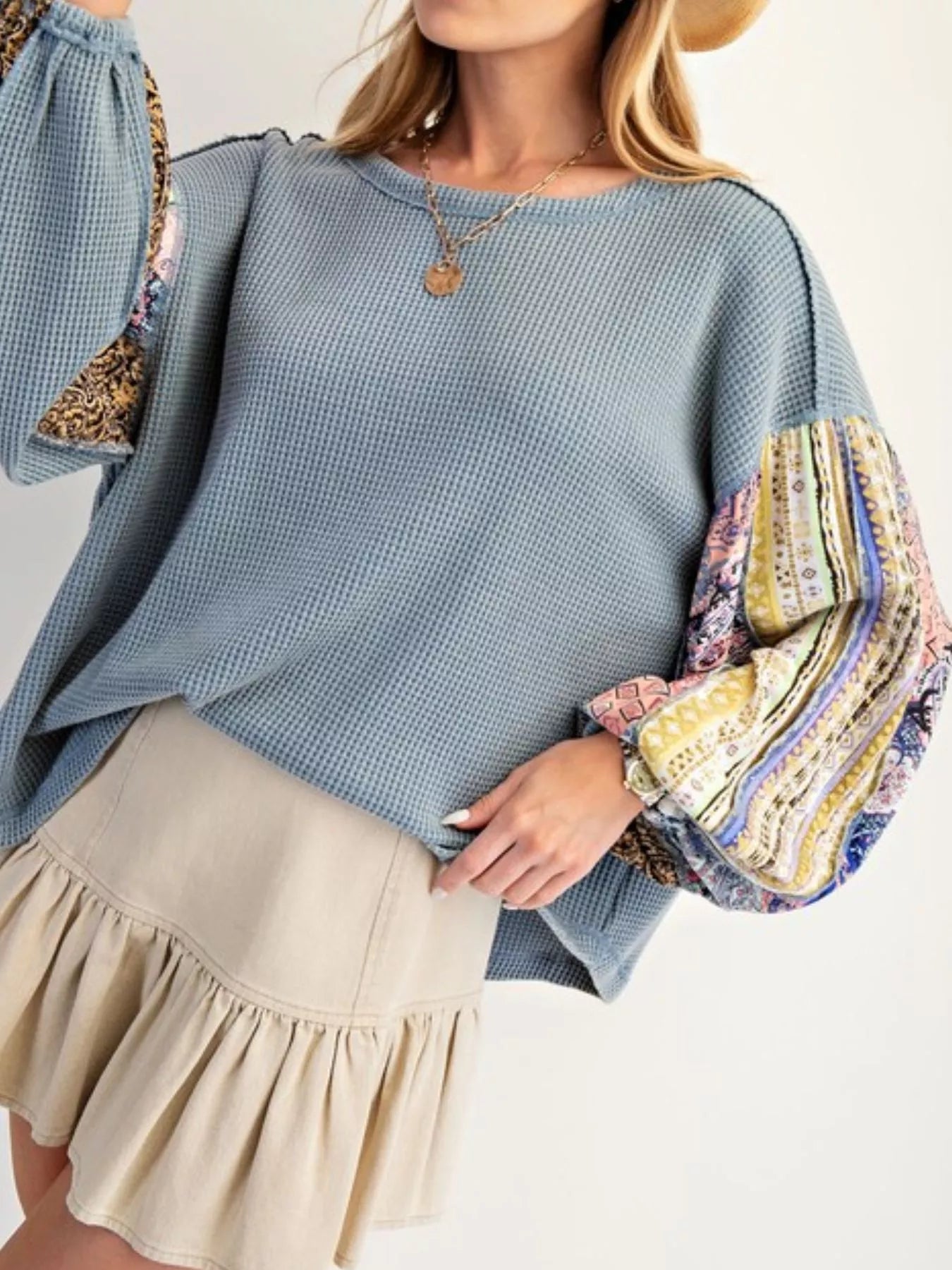 Waffle Knit Round Neck Dropped Shoulder Sweatshirt OutfitFlow
