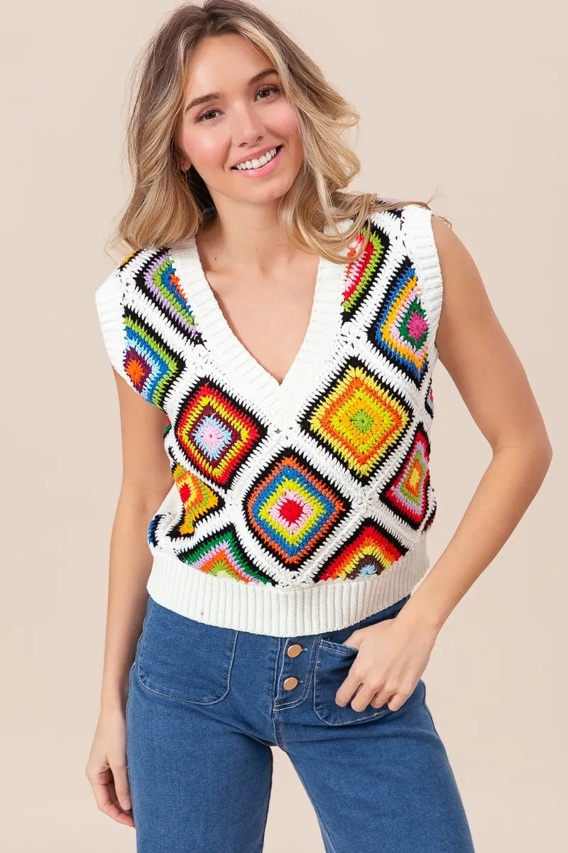 BiBi Diamond Granny Square Sweater Vest OutfitFlow