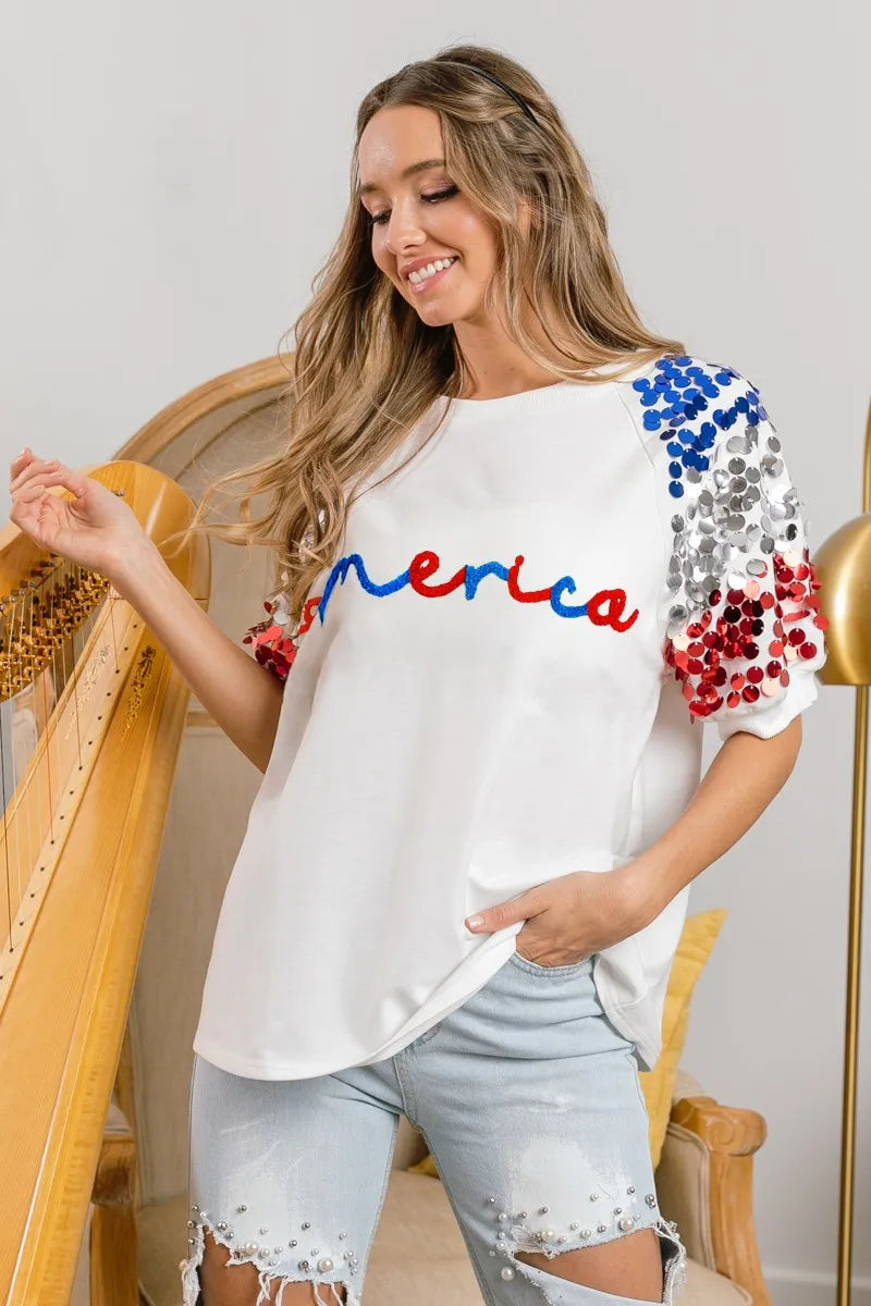 BiBi America Letter Applique Spangle Puff Sleeves Top OutfitFlow