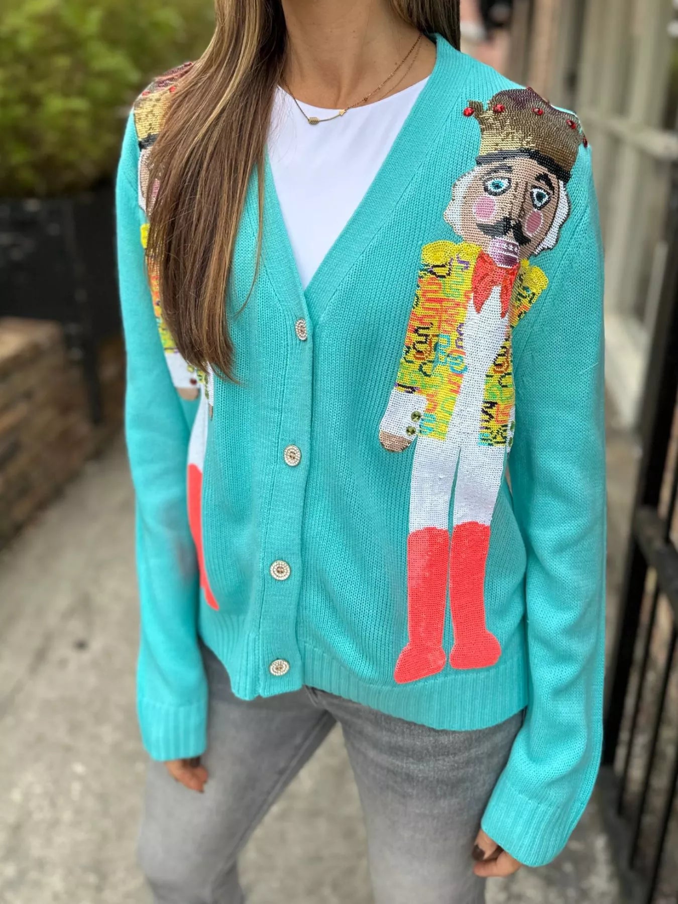 Nutcracker Ribbed Hem V-Neck Cardigan Sky Blue Trendsi