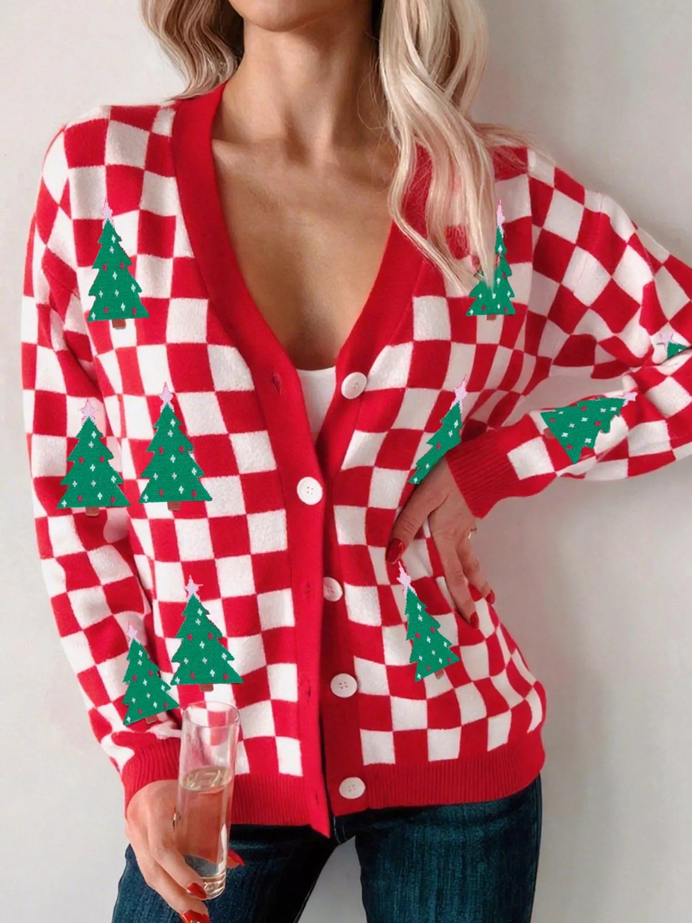 Christmas Tree Pattern Checkered Button V Neck Cardigan OutfitFlow