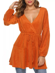 Velvet Long Sleeve Drawstring Blouse Orange Trendsi