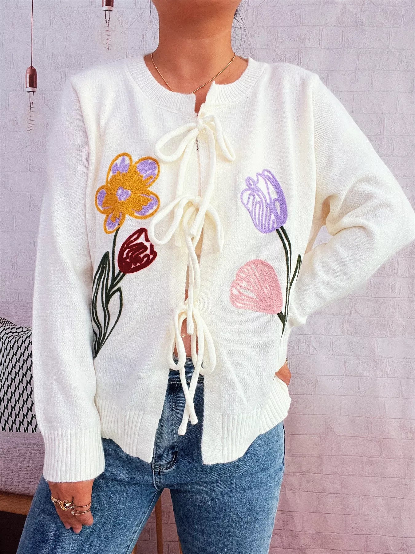 Floral Ribbed Hem Tie Front Cardigan White One Size OutfitFlow