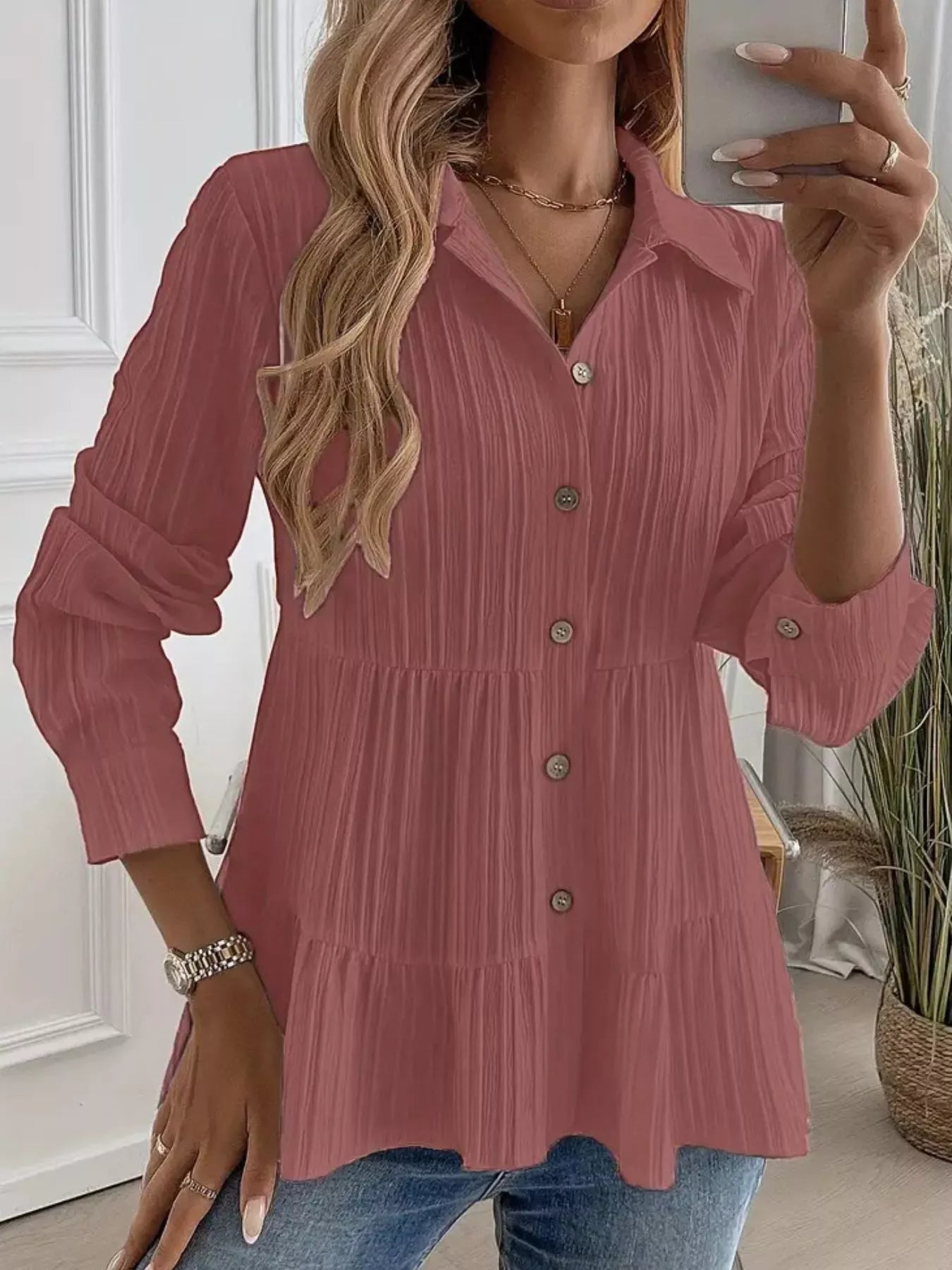 Button-Down Long Sleeve Tiered Shirt OutfitFlow
