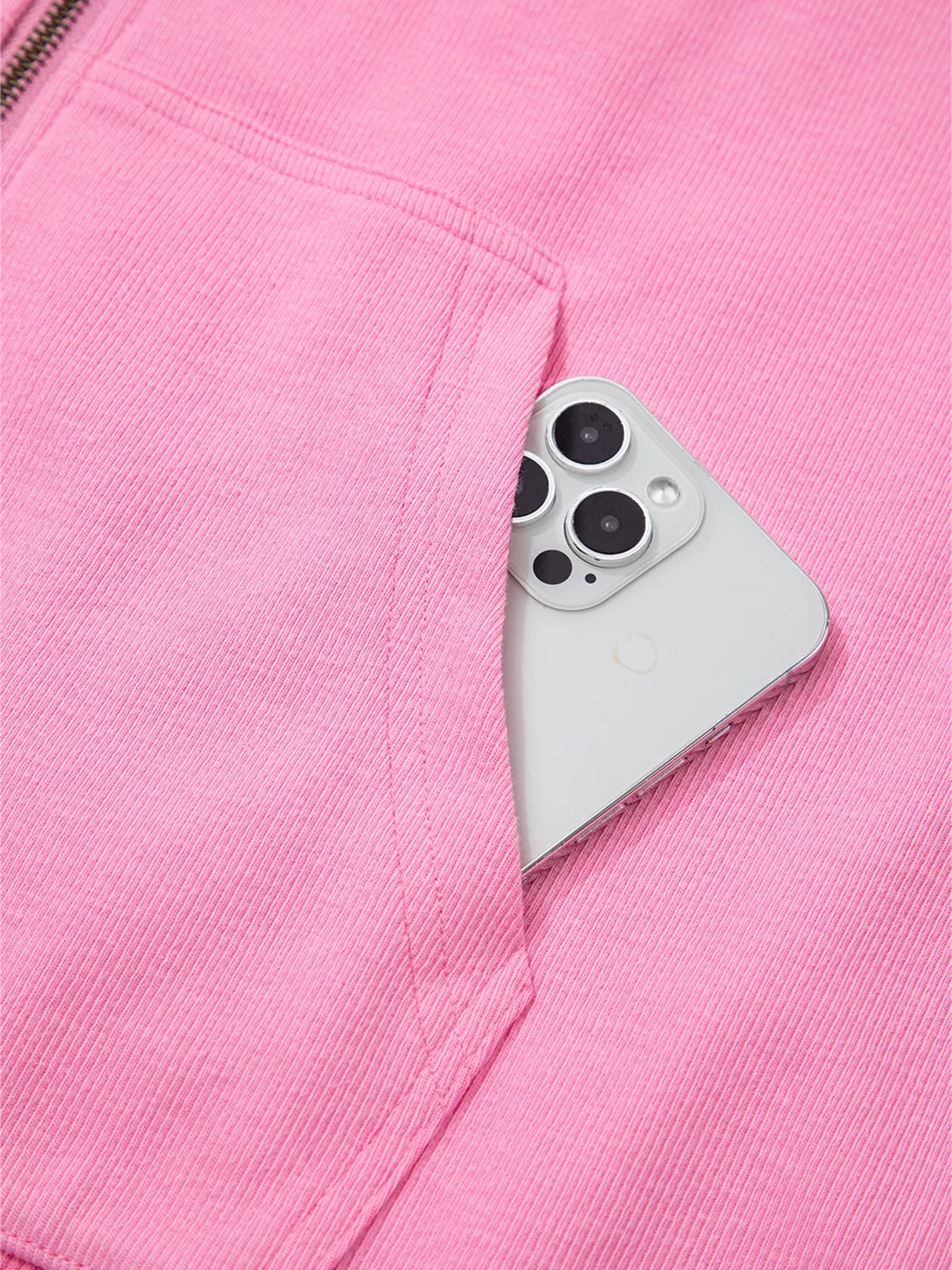 Solid Color Ribbed Zip Up Drawstring Hooded Jacket OutfitFlow