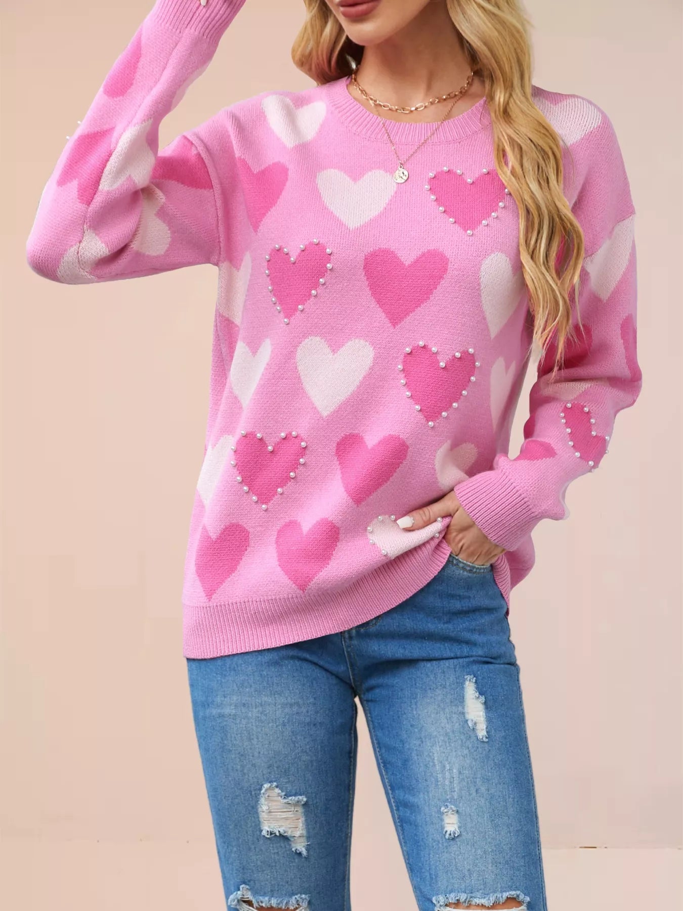 Heart Pattern Beaded Round Neck Sweater OutfitFlow