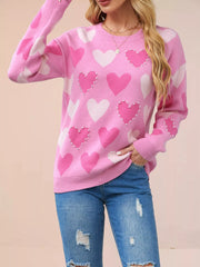 Heart Pattern Beaded Round Neck Sweater OutfitFlow
