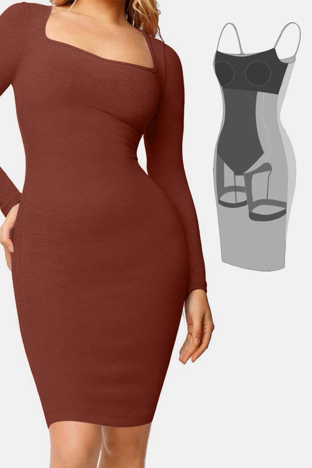 Outfit Flow - Basic Bae Full Size Built-In Shapewear Square Neck Long Sleeve Dress