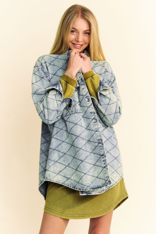 Outfit Flow - Davi & Dani Curved Hem Diamond Quilted Button Up Denim Shacket