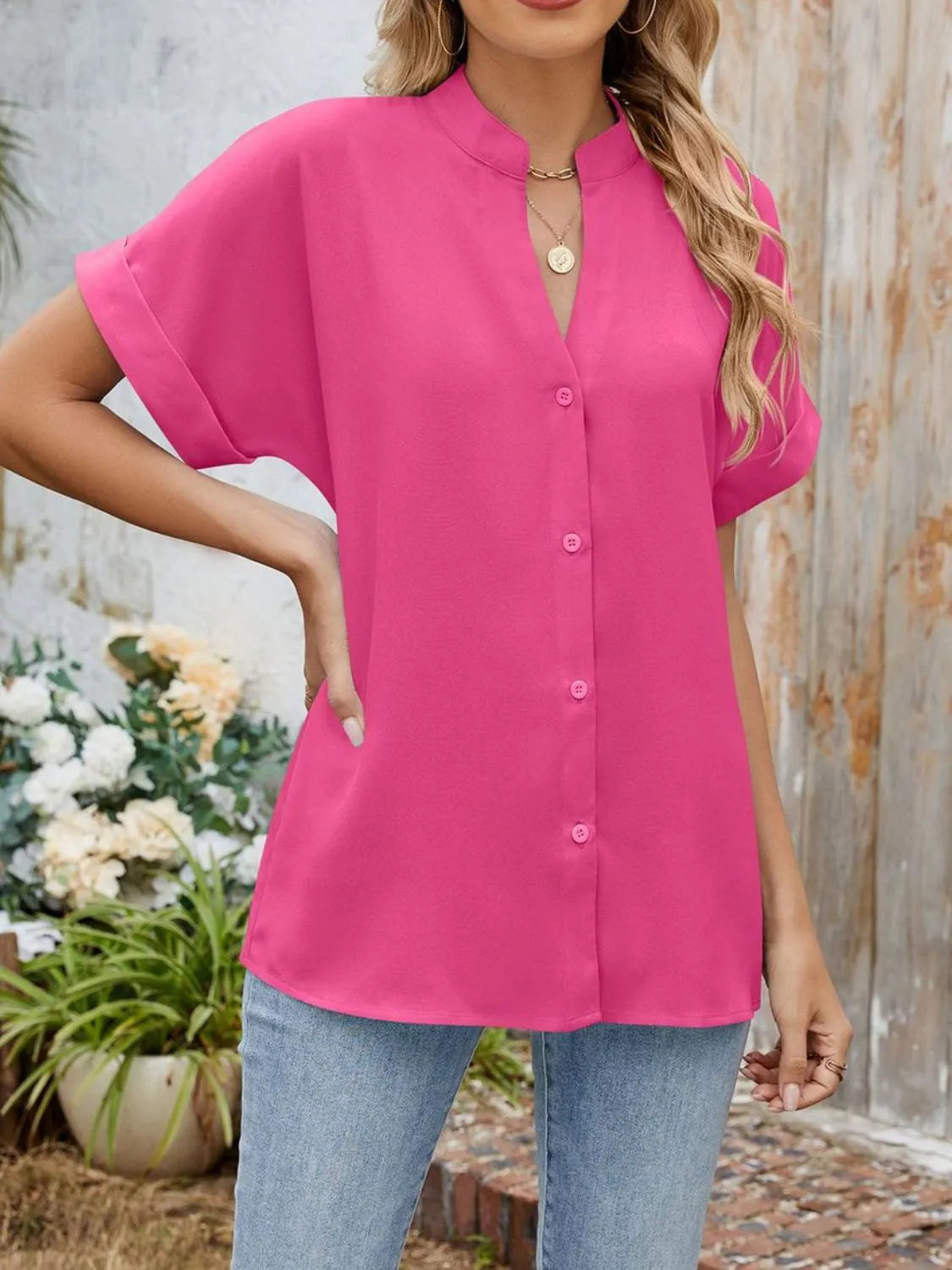 Notched Short Sleeve Blouse OutfitFlow