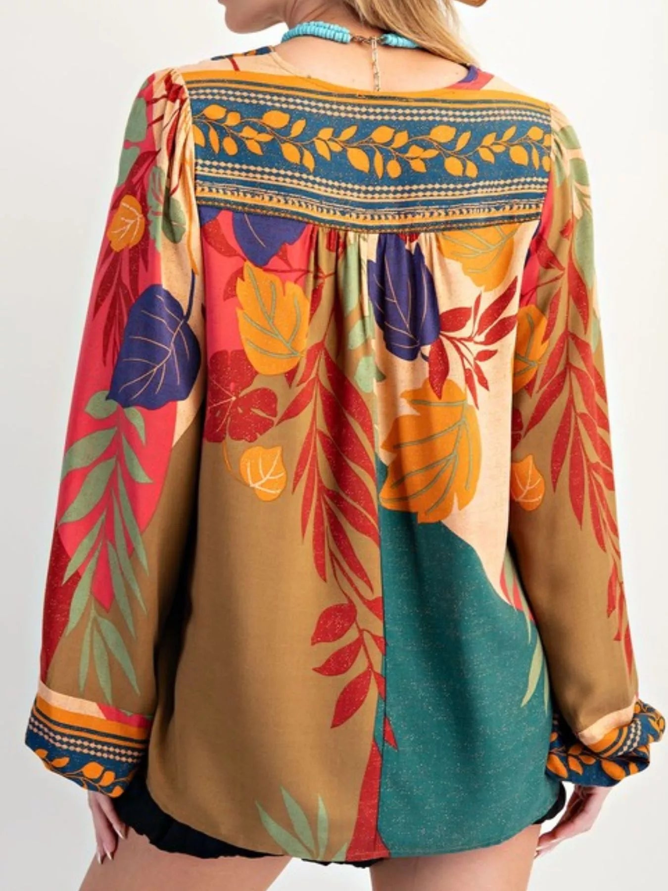 Tropical Print Balloon Sleeve Blouse OutfitFlow