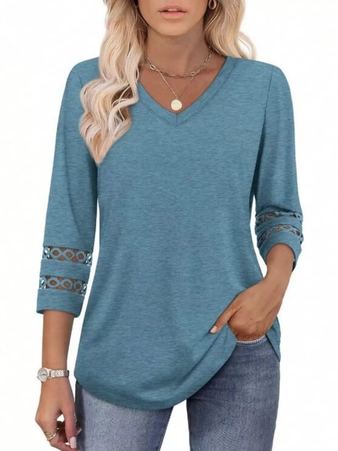 Full Size V-Neck 3/4 Sleeve T-Shirt Plus Size Indigo OutfitFlow