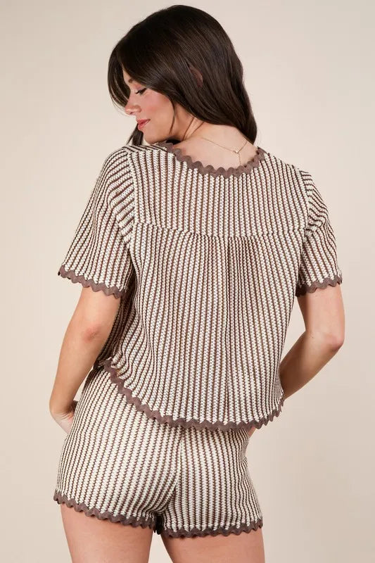VERY J Wave Trim Detail Knit Top & Shorts Set OutfitFlow