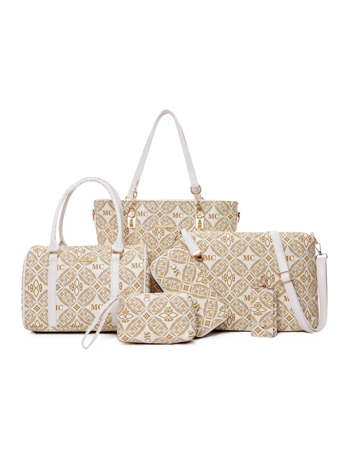 6-Piece Geometric Pattern Bag Set Cream onesize OutfitFlow