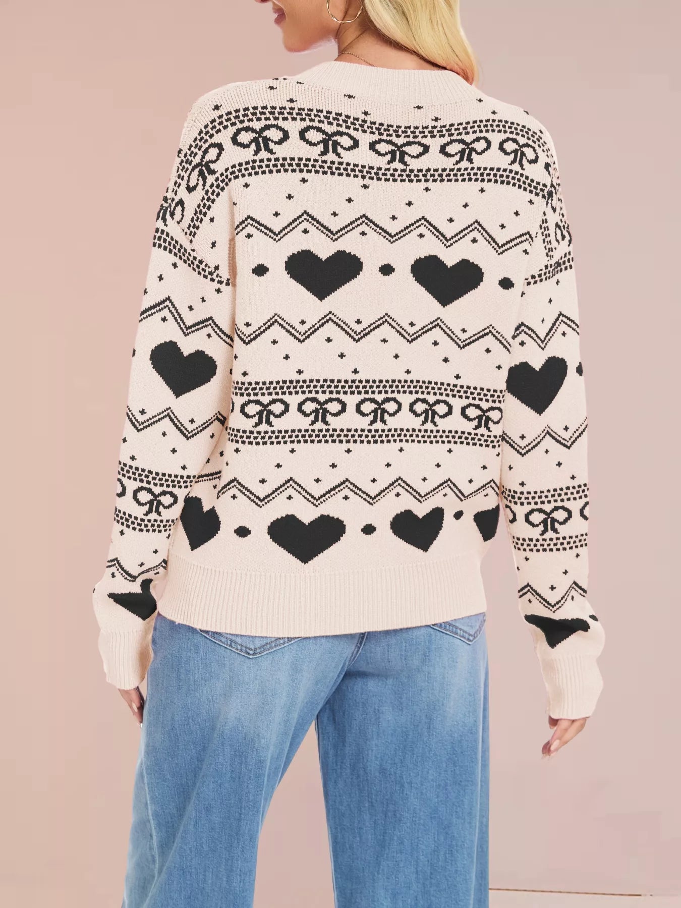 Heart & Bow Pattern Round Neck Sweater OutfitFlow