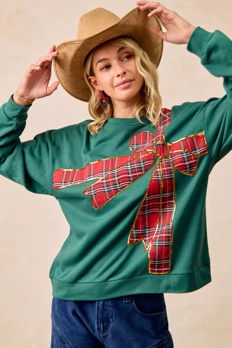 BiBi Plaid Ribbon Bow Detail Christmas Fleece Pullover OutfitFlow