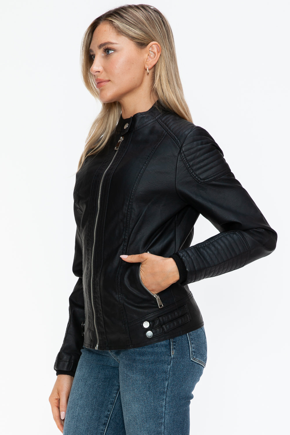 Outfit Flow - Snobbish Faux Leather Biker Jacket with Side Zip Pockets