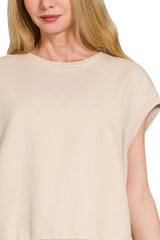 Zenana French Terry Round Neck Cap Sleeve T-Shirt OutfitFlow
