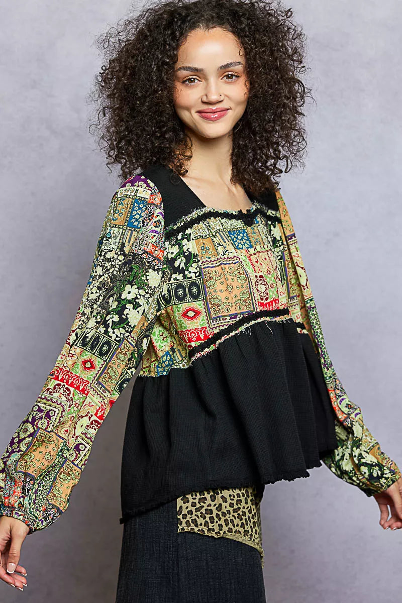 POL Balloon Sleeve Peplum Blouse with Trim Detail OutfitFlow