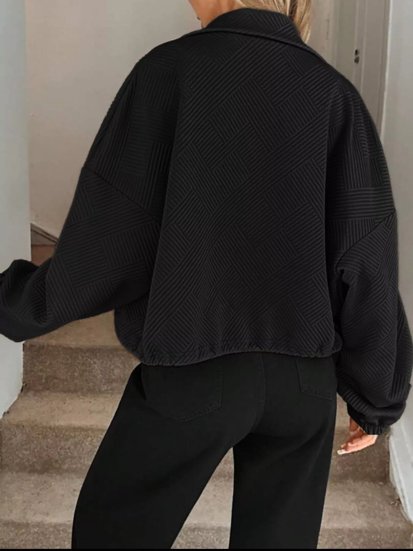 Textured Zip-Up Drawstring Hem Jacket Trendsi