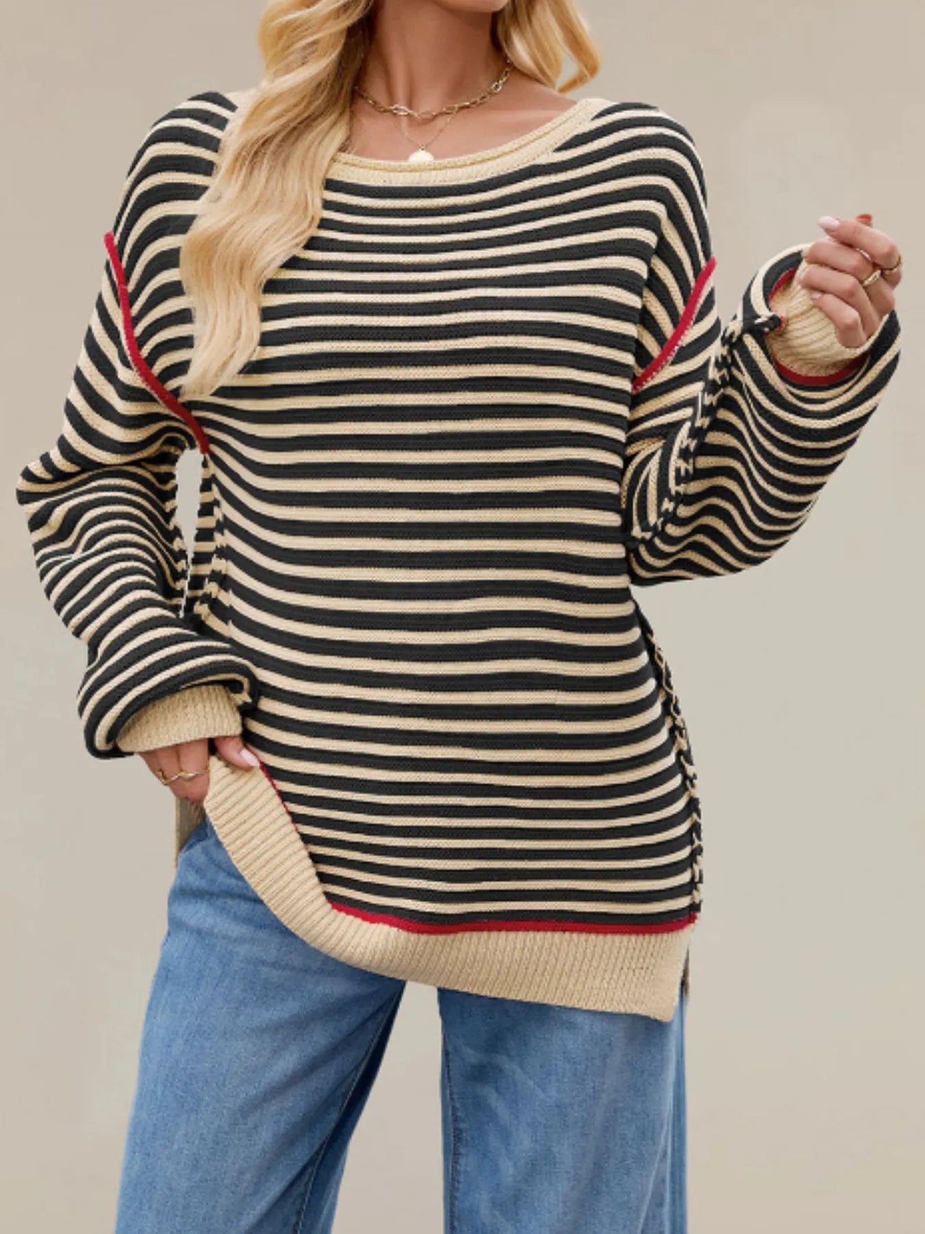 Slit Striped Oversized Sweater Apricot OutfitFlow