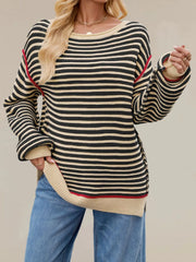 Slit Striped Oversized Sweater Apricot OutfitFlow