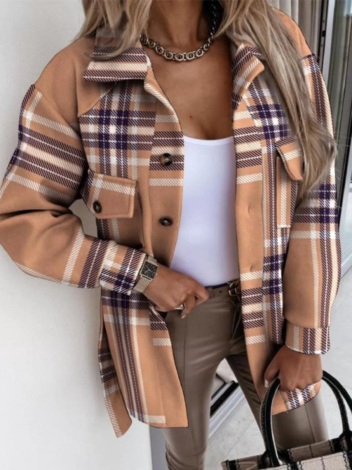 Button Up Long Sleeve Plaid Outerwear Khaki Trendsi