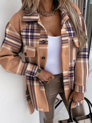 Button Up Long Sleeve Plaid Outerwear Khaki Trendsi