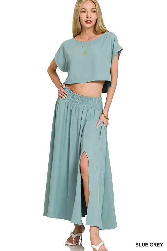 Zenana Heavy Woven Span Crop Tee & Skirt Set OutfitFlow