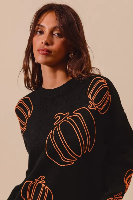 SO ME Pumpkin Embroidered Halloween Thanksgiving Sweater OutfitFlow