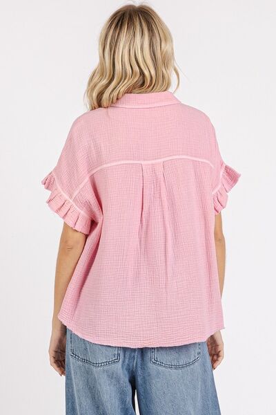 Mittoshop Mineral Washed Button Down Flounce Sleeve Shirt OutfitFlow