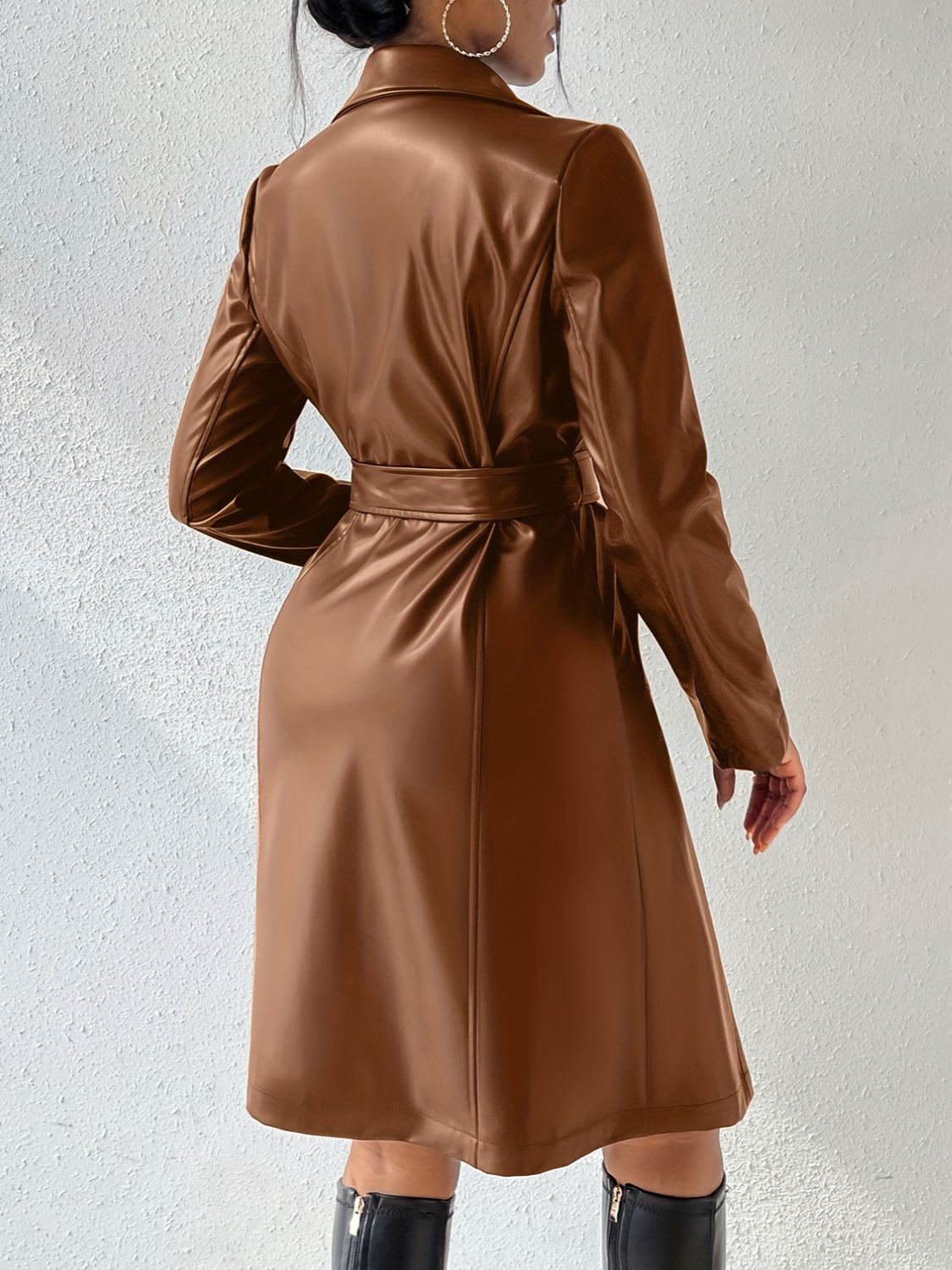 Outfit Flow - Tied PU Leather Long Sleeve Trench Coat