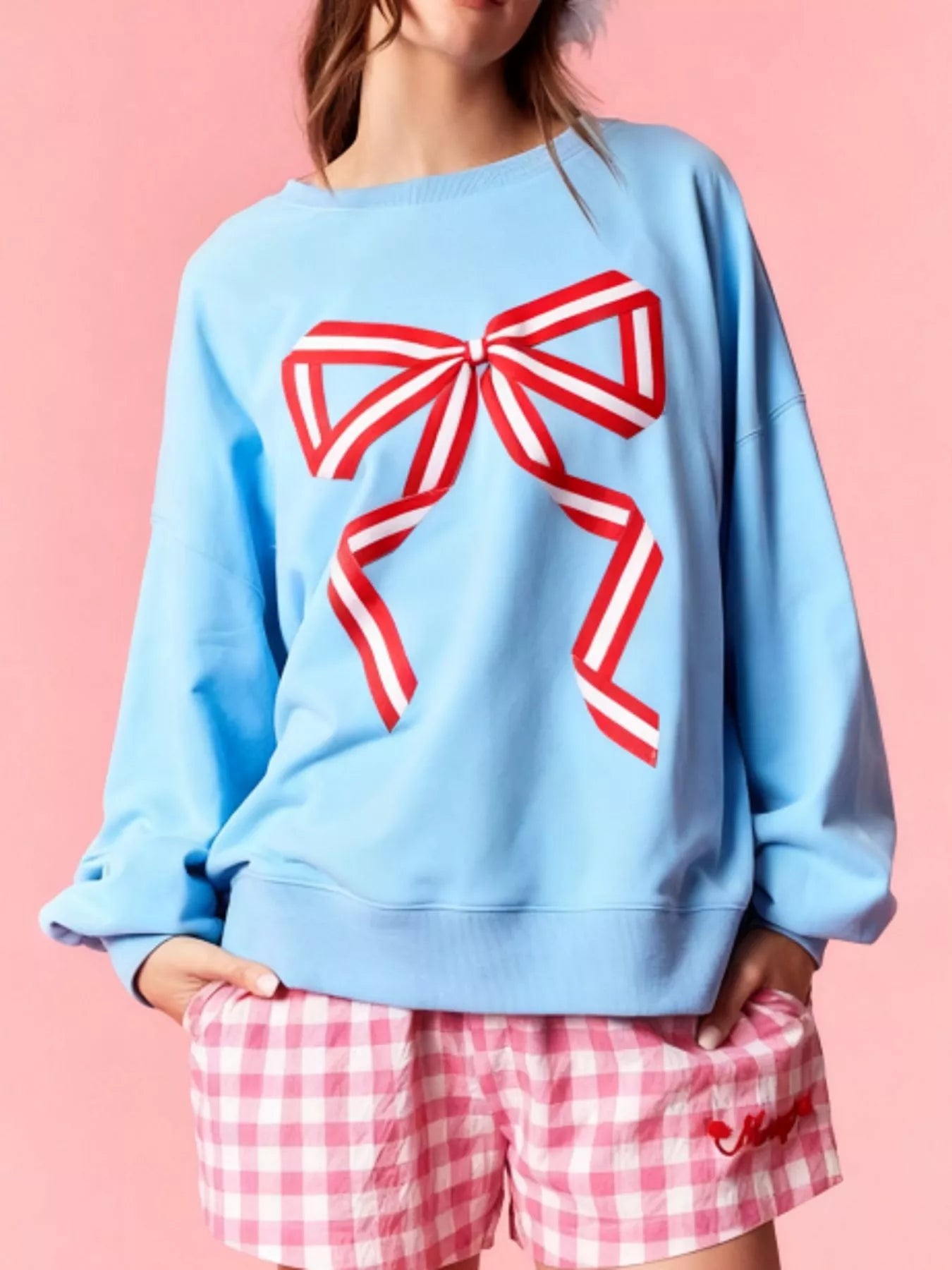 Bow Crew Neck Sweatshirt Blue White OutfitFlow