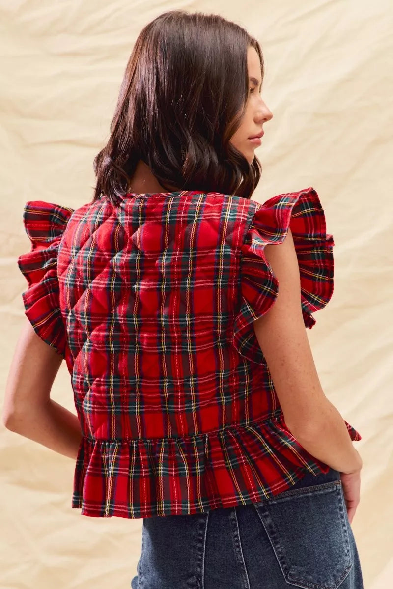 SO ME Christmas Holiday Plaid Ruffled Quilt Vest Top Trendsi