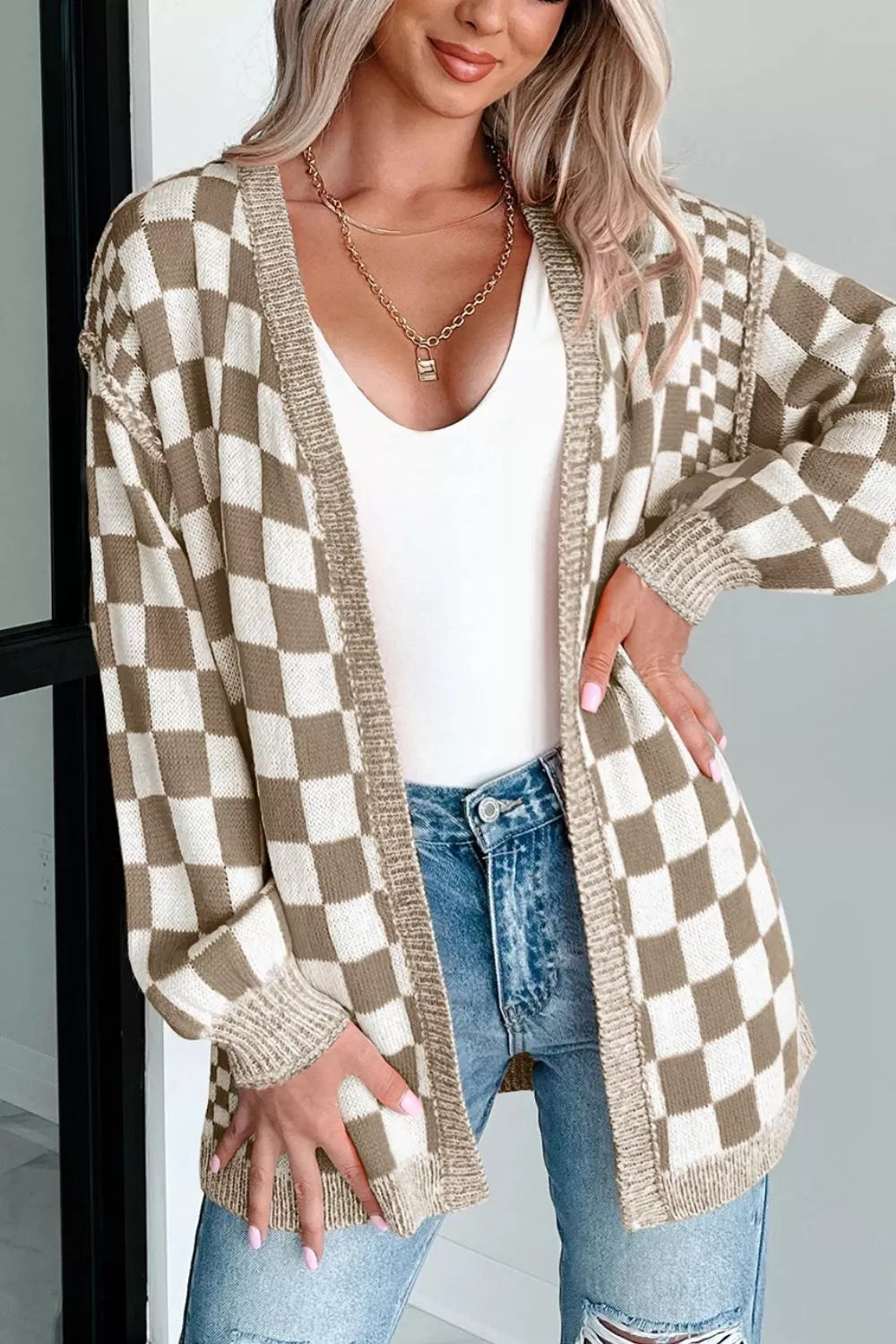 Checkerboard Print Open Front Knit Cardigan OutfitFlow