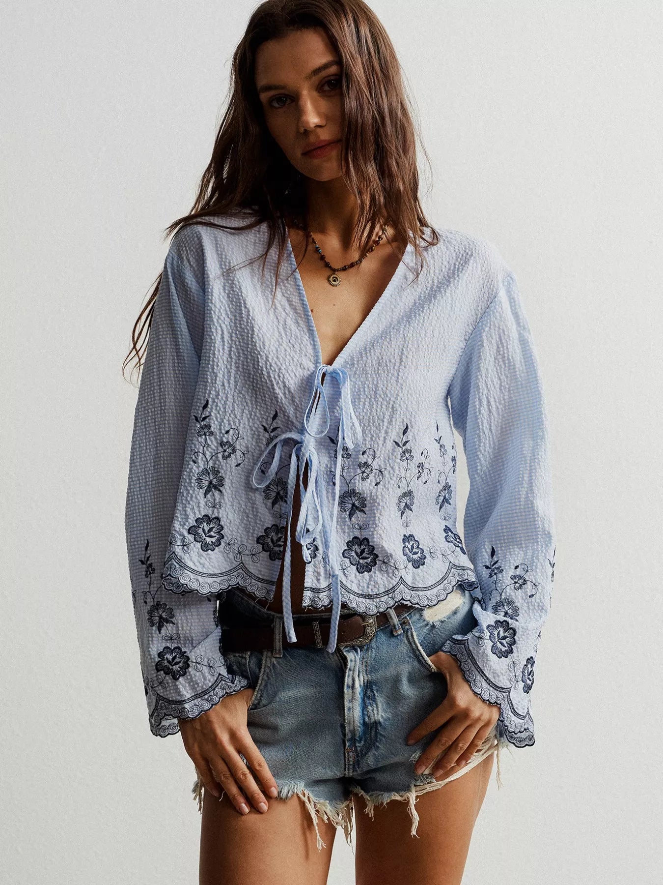 Floral Embroidered Tie-Front Blouse Light Blue OutfitFlow