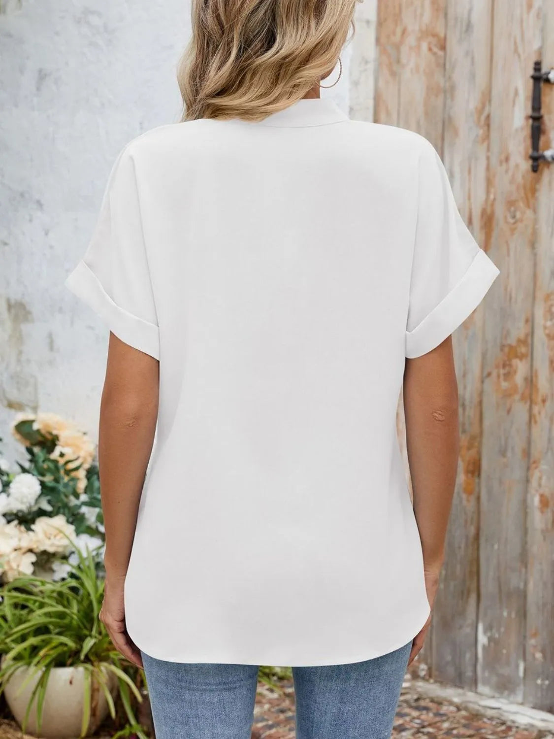 Notched Short Sleeve Blouse OutfitFlow