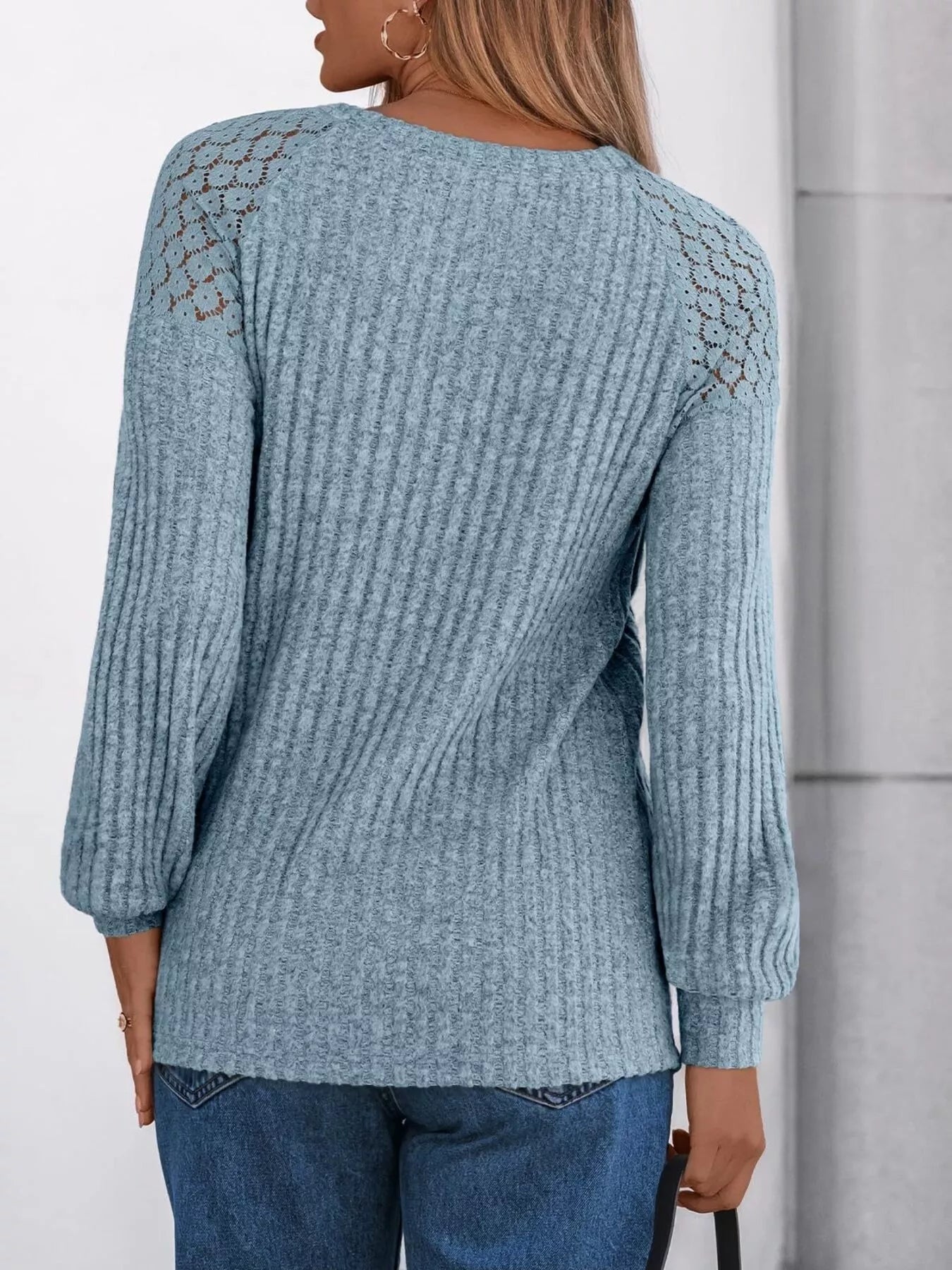 Ribbed Knit T-Shirt with Lace Shoulder Detail OutfitFlow