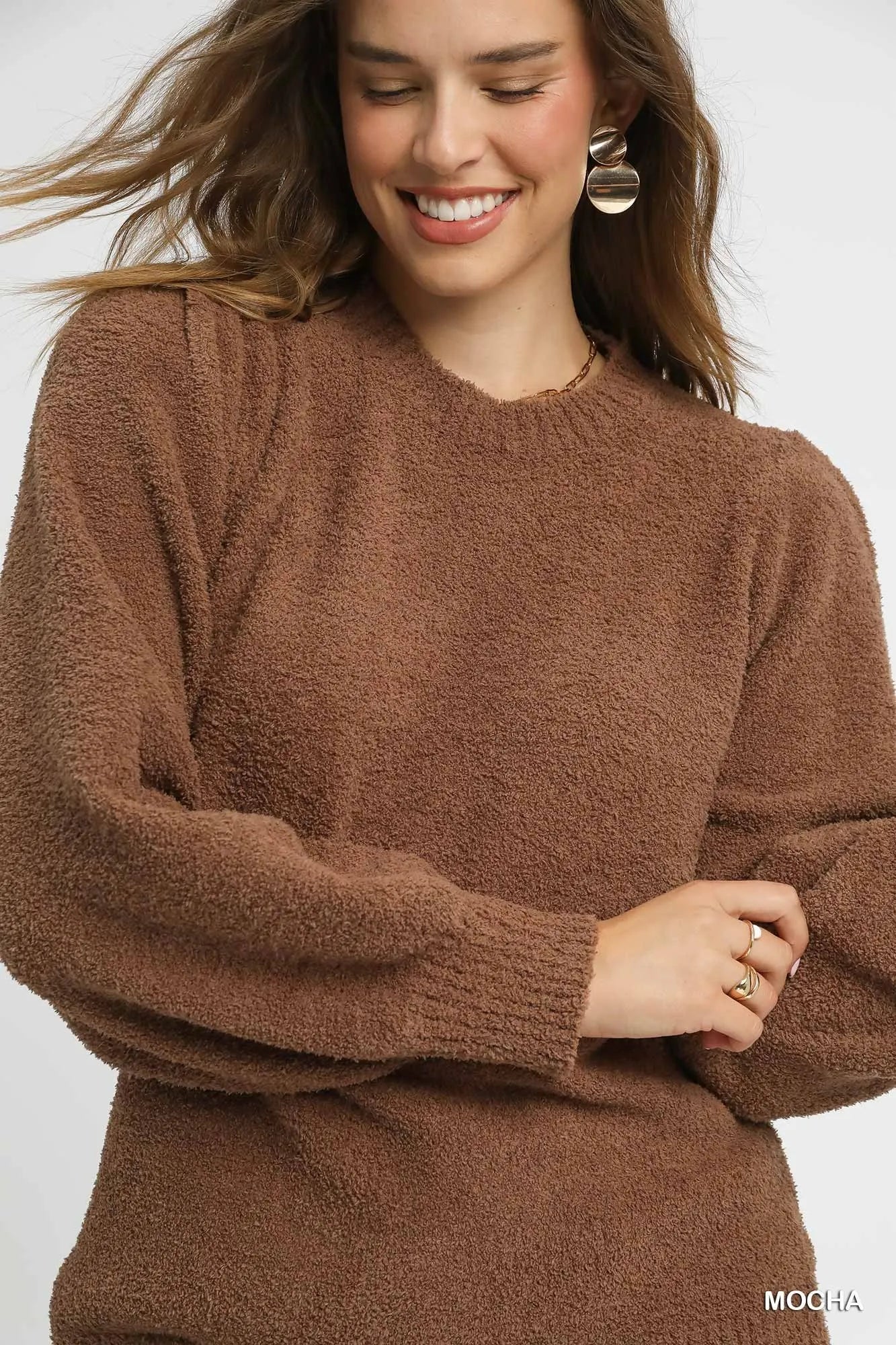 Umgee Textured Long Sleeve Sweater with Ribbed Trim Trendsi