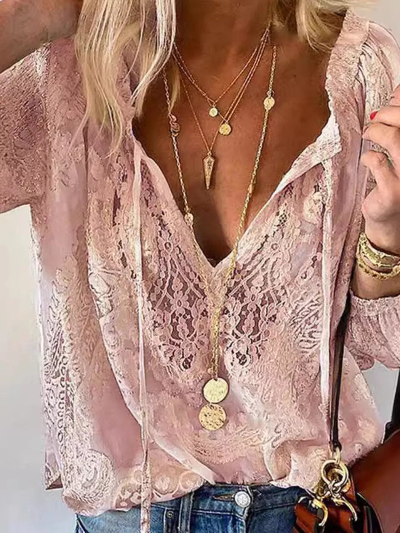 Lace Tie-Neck Blouse Trendsi